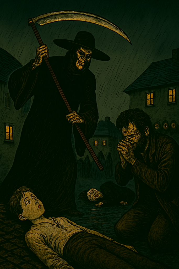 la mort recupere l ame d un enfant a cote de son pere qui pleure