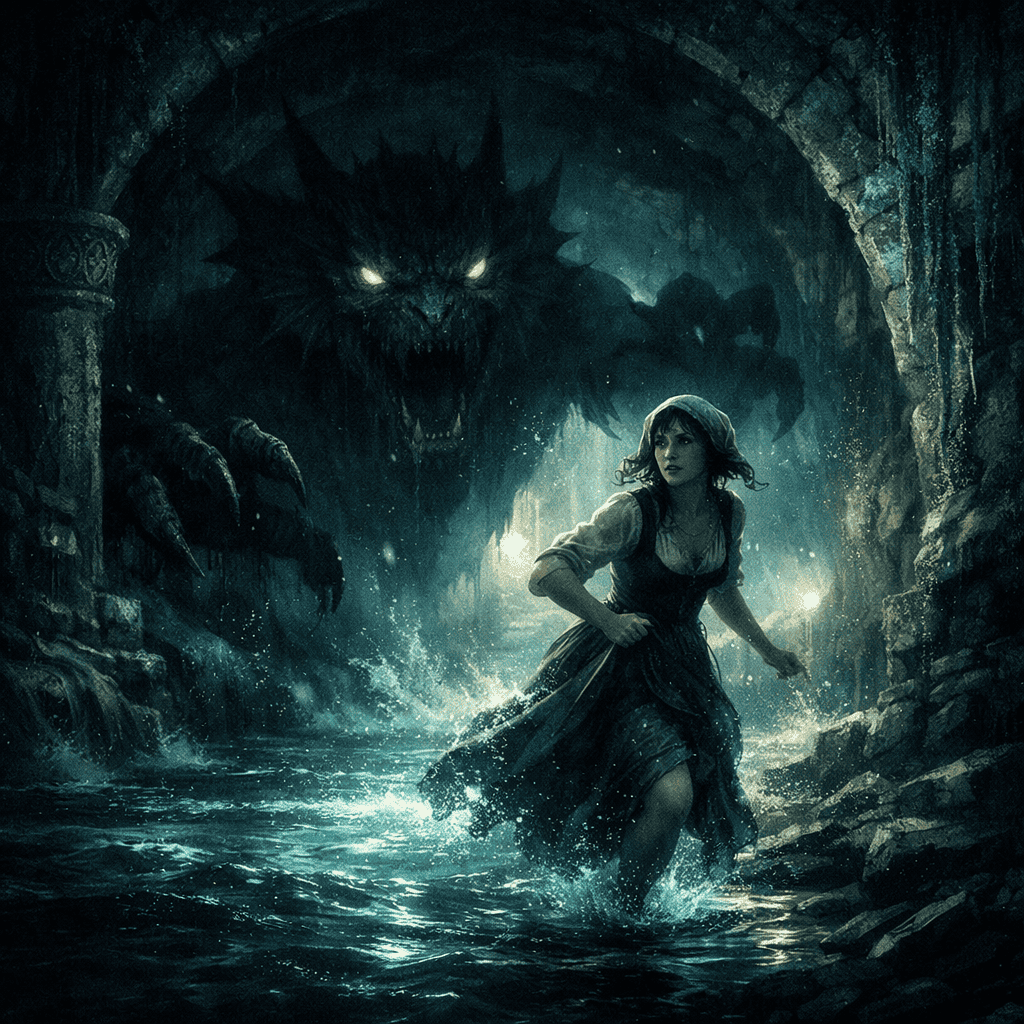 Dans un tunnel sombre et inondé, Élise court à travers l’eau, une petite lumière à la main. Derrière elle, le Drac surgit des ombres, ses yeux luisants et ses griffes menaçantes prêts à la rattraper. Les murs de pierre ruisselants et la lueur verdâtre renforcent l’atmosphère de peur et de suspense.